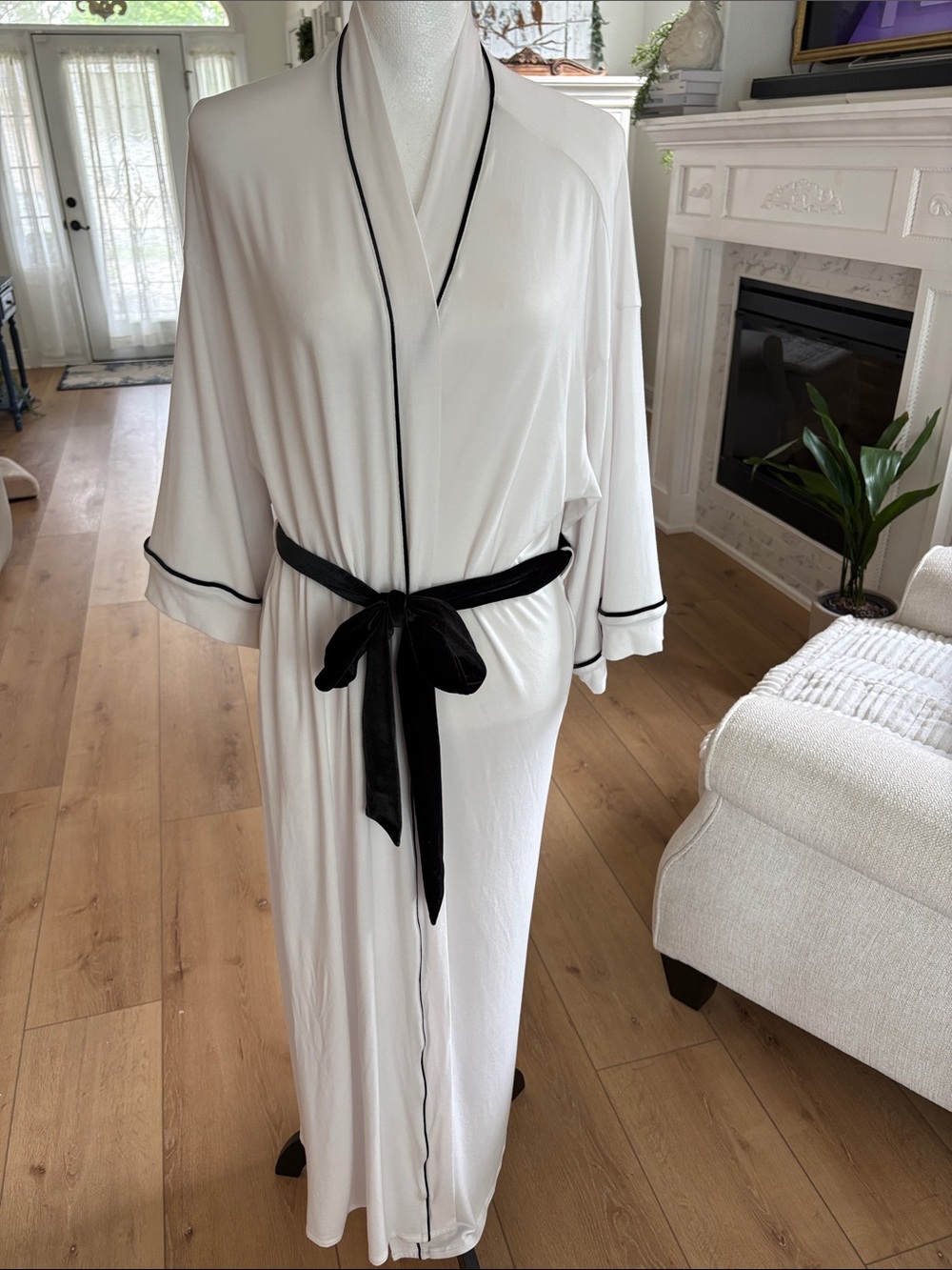 Classic White Long Robe with Black Trim and Belt